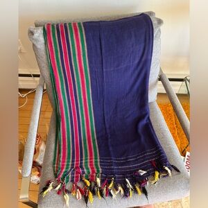 Vintage Handwoven Navy Scarf with Colorful Stripes and Tassels - XL